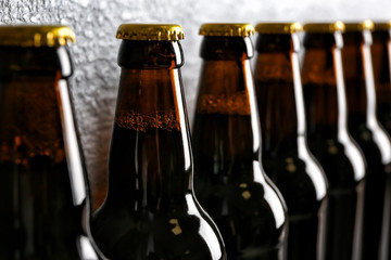 Bottles of fresh beer, closeup