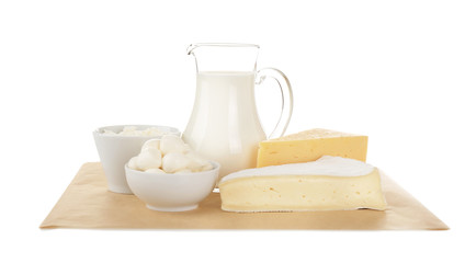 Different dairy products on white background