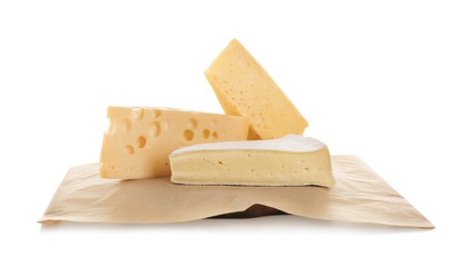 Different cheeses on white background. Fresh dairy products