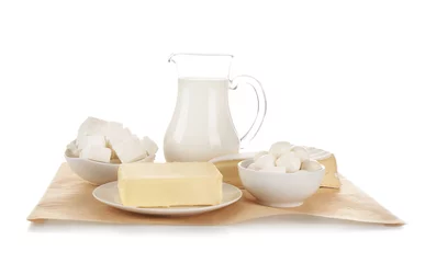 Photo sur Aluminium Produits laitiers Different dairy products on white background