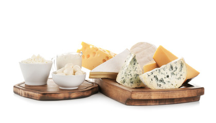 Different dairy products on white background