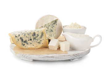 Different dairy products on white background