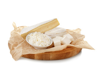 Different dairy products on white background