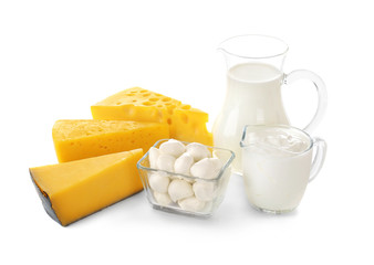 Different dairy products on white background