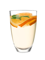 Glass of fresh orange lemonade on white background