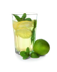 Glass of fresh lemonade on white background