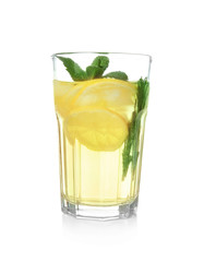 Glass of fresh lemonade on white background