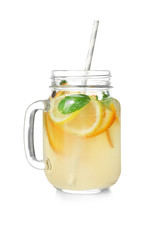 Mason jar of fresh lemonade on white background