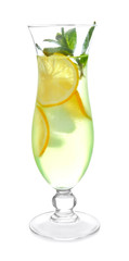 Glass of fresh lemonade on white background