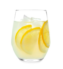 Glass of fresh lemonade on white background