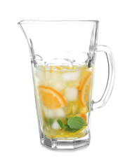 Jug of fresh lemonade on white background