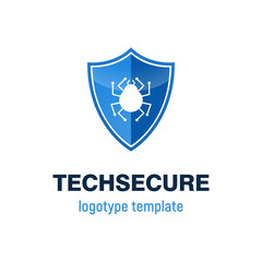 Isolated antivirus logotype. Blue shield with white spider vector logo