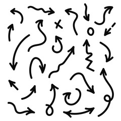 Vector hand drawn arrows set. Black sketch arrows in doodle style. Lines, circles, marks
