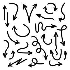 Vector hand drawn arrows set. Black sketch arrows in doodle style. Lines, circles, marks