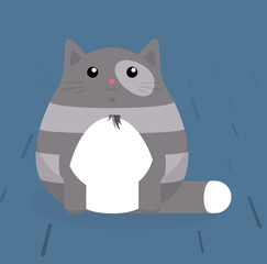 Cute sitting cat. Grey striped cat with white belly. Flat vector illustration