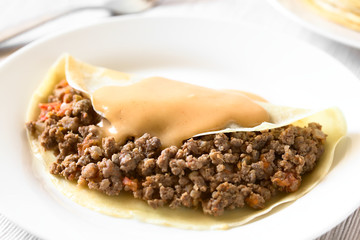 Ungarische Hortobagyi Palacsinta, herzhafte Crepes mit Hackfleisch gefüllt und Sahnesauce serviert (Selektiver Fokus, Fokus in die Mitte des Bildes)