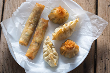Prawn wonton, vegetable spring rolls and vegetable money bags 