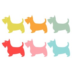 six colorful silhouettes of a Scottish Terrier