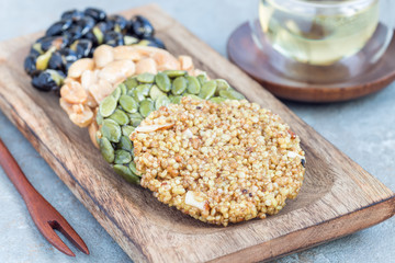 Korean traditional sweet snacks on a wooden plate, horizontal