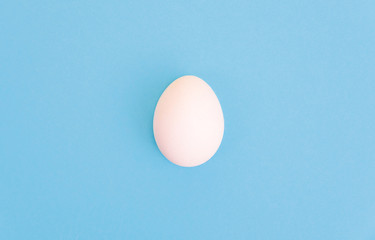 One white egg on pastel blue background.