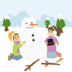 two happy kids building snowman on snowy winter day cartoon vector