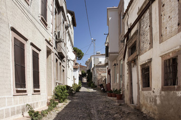 View of historical, old street in old town of Cunda (Alibey) isl