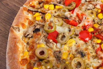 Vegetarian pizza on rustic board, fast food