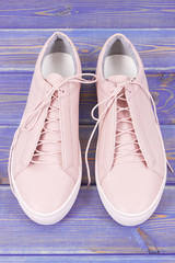 Womanly leather shoes on old purple boards