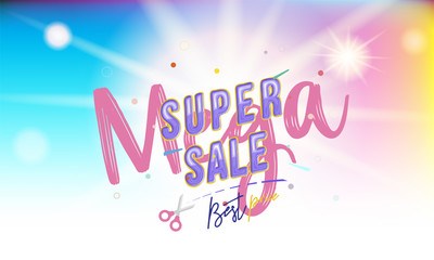 Super Mega Sale Banner with font combination on the colour background with blur and light effects. Flat vector illustration EPS 10