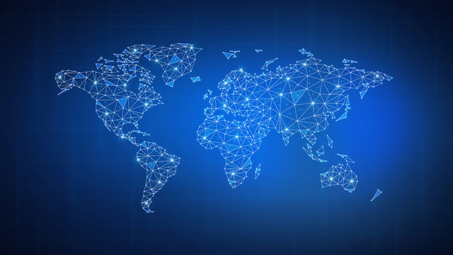 Fototapeta Polygon world map with blockchain technology peer to peer network on blue background. Network, p2p business, e-commerce, bitcoin trading and global cryptocurrency blockchain business banner concept.