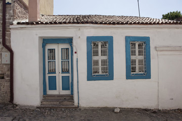 Close up view of old, historical, stone house in Cunda (Alibey)