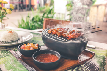 Indonesian chicken satay or Sate Ayam. Indonesian balinese traditional food. Bali island.