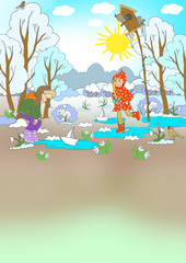 Children's illustration - spring day. Early spring, snowdrop, puddle. The boy lets boats, girl jumping in puddles. Country Landscape