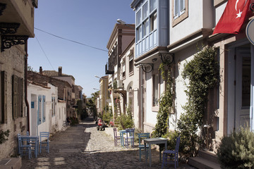 View of historical, old street in old town of Cunda (Alibey) isl