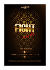 Fight night poster template. Vector golden words on dark background.
