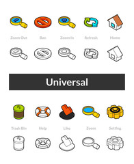 Set of isometric icons in otline style, colored and black versions