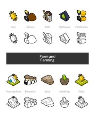 Set of isometric icons in otline style, colored and black versions