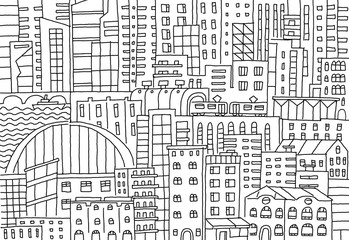 Big city background texture skyscraper sketch buildings line skeleton strokes Modern architecture landscape. Hand drawn vector stock illustration.