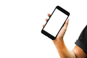 Hand holding blank white screen smartphone isolate on white background..
