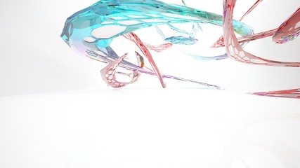 Abstract white and colored gradient glasses parametric interior  with window. 3D illustration and rendering.