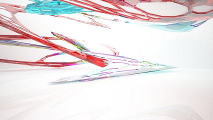 Abstract white and colored gradient glasses parametric interior  with window. 3D illustration and rendering.