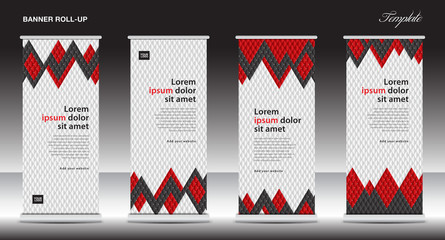Red Roll Up Banner template vector illustration, polygon background, stand design, display, advertisement, x-banner, j-flag, pull up, business flyer layout, printing media for exhibition, events