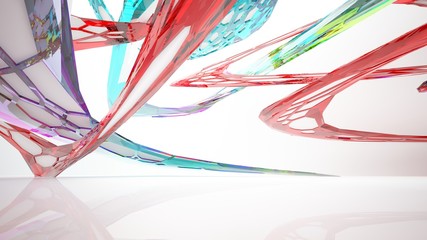 Abstract white and colored gradient glasses parametric interior  with window. 3D illustration and rendering.