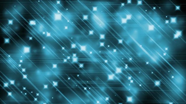 Blue parallel rays of light, twinkling blurred lights, light streaks forming crossing shiny lines with sparkling graphic particles, dynamic vivid background, abstract illustration, animation