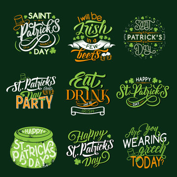 Happy St Patrick Day greeting lettering and clover