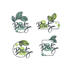 vector collection of hand drawn sketches leaves emblems frames and logo with Nature and Beauty lettering composition