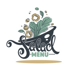 Salad Bar Menu, logo, emblem and symbol, lettering composition with sketch art image of green leaves tomatoes, pepper and olives