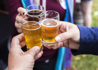 Friends toasting at a beer festival