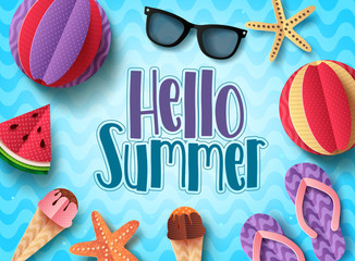 Hello summer vector banner design with beach elements floating in blue pattern background. Summer background templates with paper cut style elements.   © AmazeinDesign