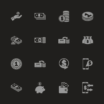 Currency icons - Gray symbol on black background. Simple illustration. Flat Vector Icon.